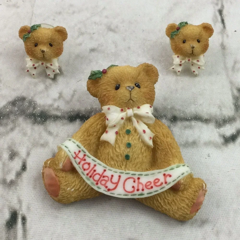 Teddy Bear‎ Earrings & Matching Brooch Holiday Cheer Resin